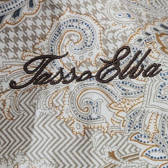 Tasso Elba men's cotton button front shirt paisley houndstooth print white large - Picture 6 of 9